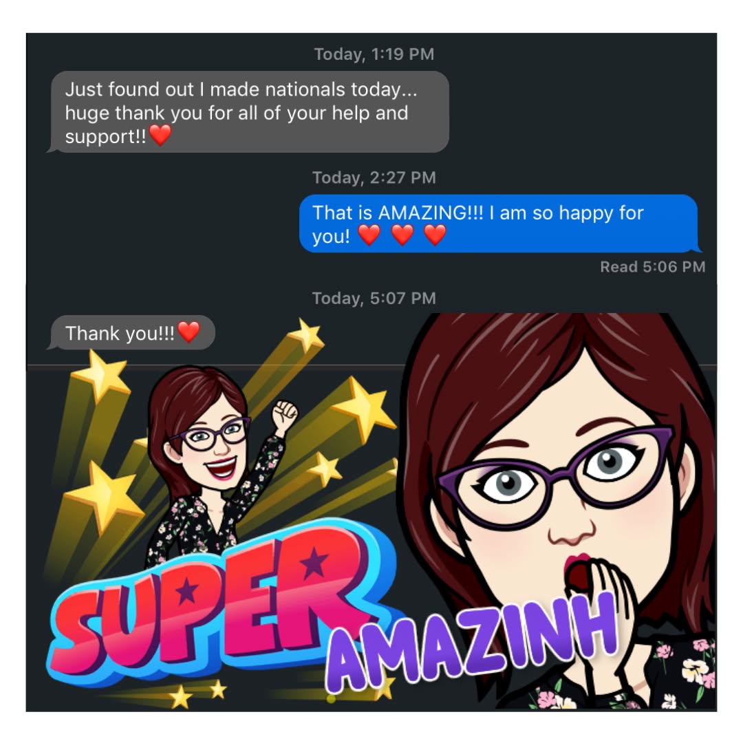 Screenshot of a text from a voice student who made it to national choir